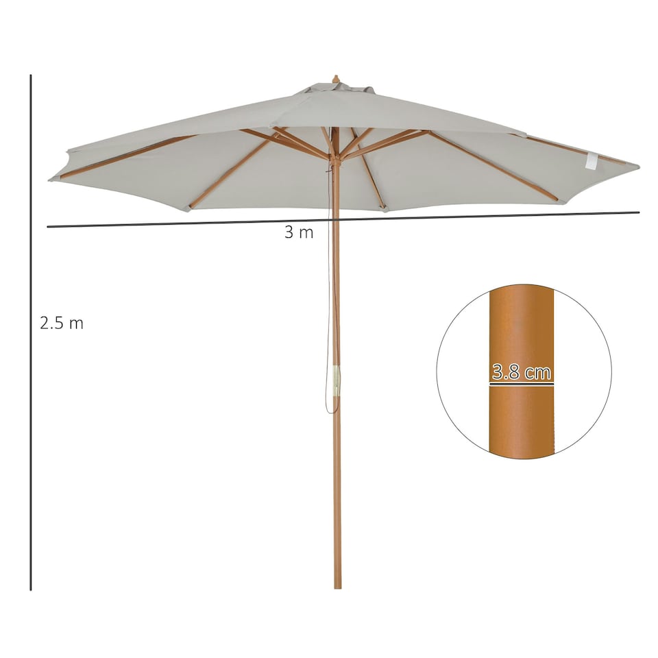 image 1 of Outsunny 3(m) Wooden Garden Parasol Sun Shade Outdoor Umbrella Grey