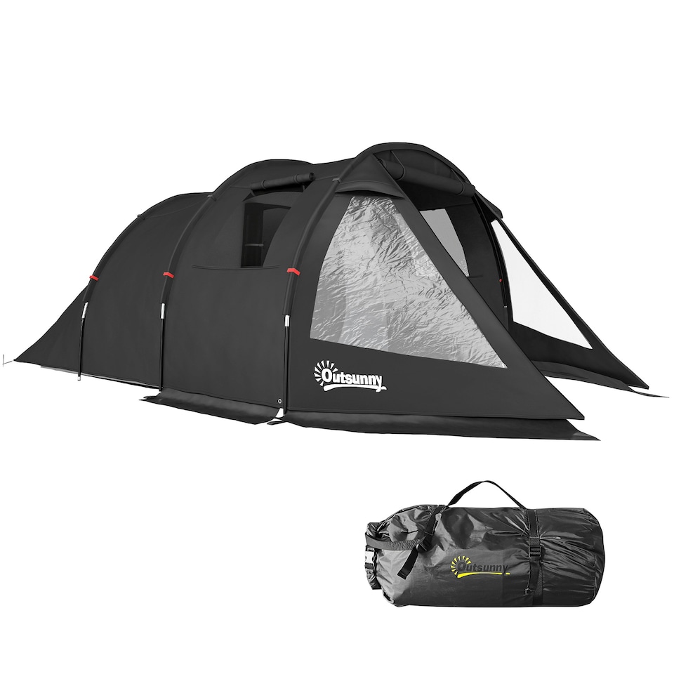 image 1 of Outsunny 3-4 Persons Tunnel Tent, Two Room Camping Tent w/ Windows, Black