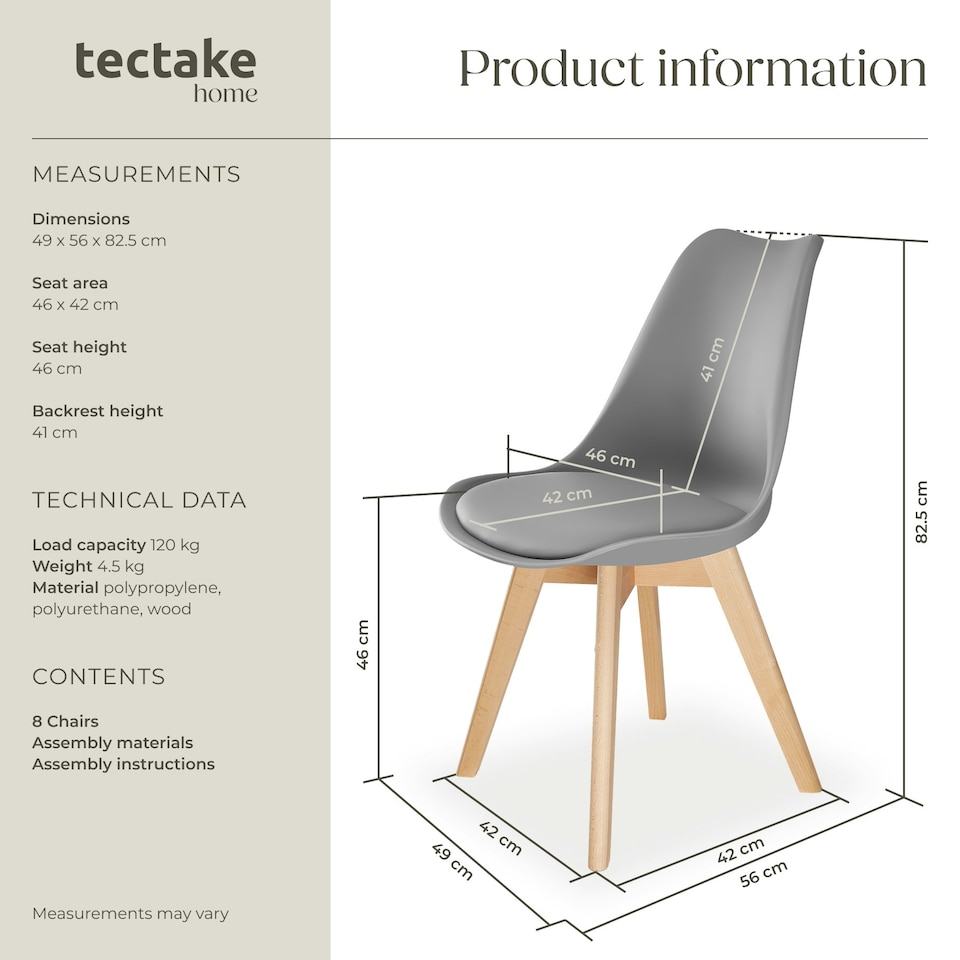 image 1 of Dining Chairs Frederikke - padded, ergonomic shape, wooden legs - Set of 8 Grey