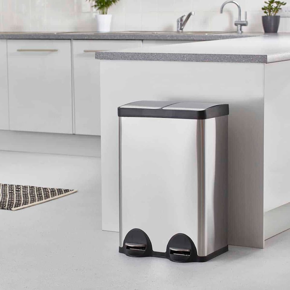 image 1 of Cooks Professional Dual Pedal Recycle Bin 60L with 2 x Compartments & Soft Close Lids | Silver