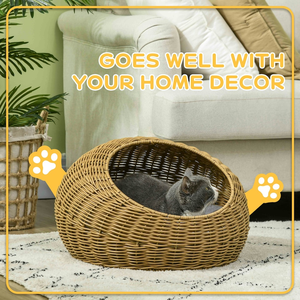 image 1 of PawHut Wicker Cat House with Washable Cushion for Indoor Cats, Light Brown
