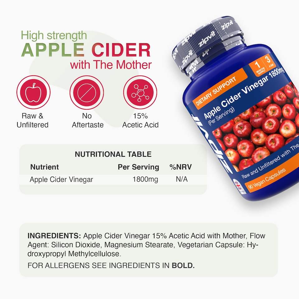 image 1 of Zipvit Apple Cider Vinegar 1800mg, Raw & Unfiltered with The Mother, 90 Vegan Capsules, 1-Month Supply