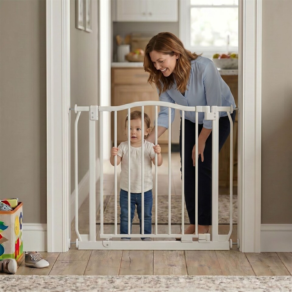 image 1 of Safetots Curved Top Safety Gate, 98cm - 107cm, Matt White, Pressure Fit Stair Gate, Baby Gate for Doors Hallways and Spaces, Safety Barrier, Easy Installation