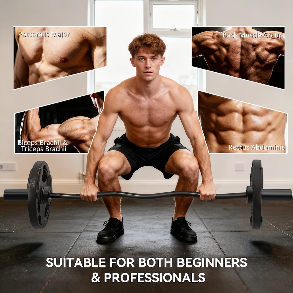 image 1 of SPORTNOW 4ft Olympic EZ Curl Bar, Barbell Bar for 2 Weight Plates with NonSlip Hand Grip, for Weight Lifting, Hip Thrusts, Squat, Biceps, Home Gym, Black