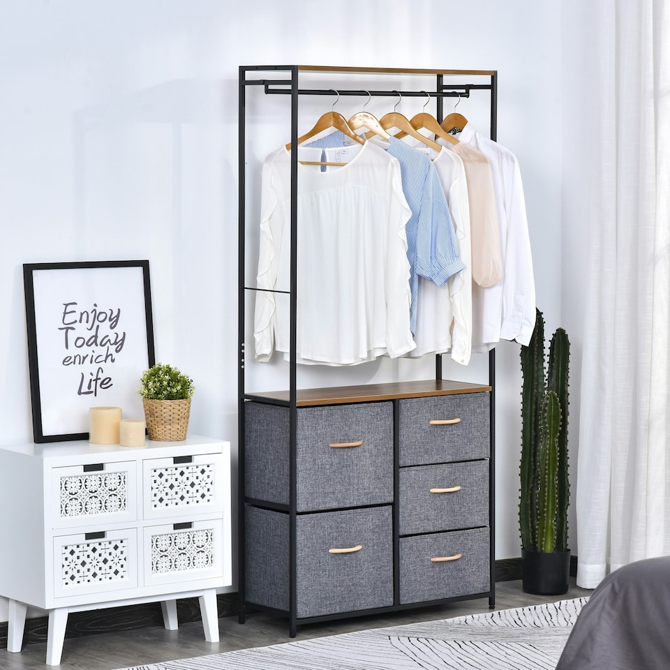 image 1 of HOMCOM Storage Coat Rack Hallway Bedroom Organiser Shelves w/ Hanger, 5 Drawer