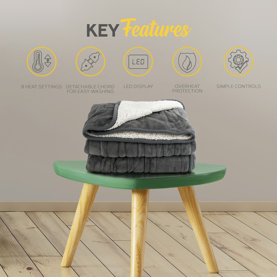 image 1 of MONHOUSE Heated Throw - Single Electric Blanket - 130 x 160 cm - Digital Controller - 9H Timer, 9 Heat Settings, Auto Shutoff