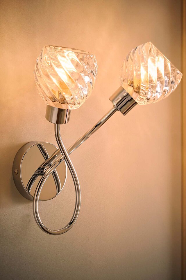 image 1 of ValueLights Reyka Pair Chrome 2 Way Wall Lights Swirl Glass Shades | Chrome