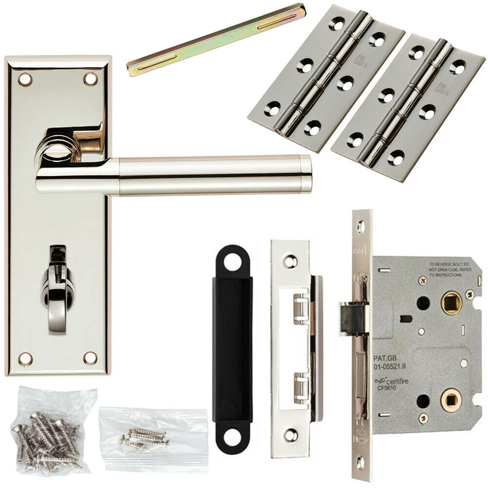 Loops Door Handle & Bathroom Lock Pack Polished & Satin Nickel Mitred Lever Backplate in Metallics
