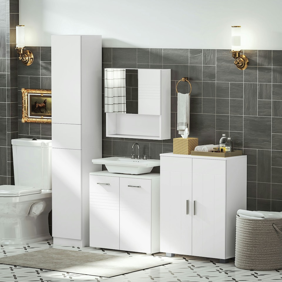 image 1 of kleankin Bathroom Pedestal Under Sink Cabinet with Storage Shelf Double Door White | White