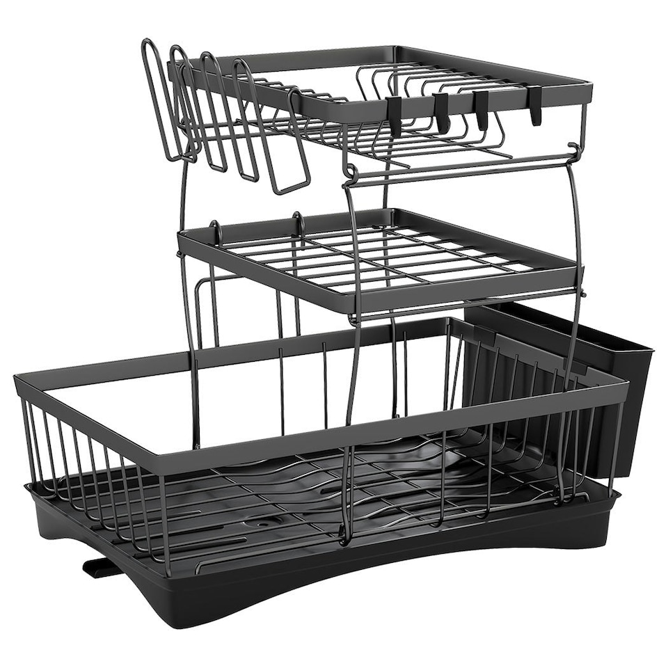 image 1 of Toque Dish Drying Drainer Rack 3 Tier with Drip Tray Plate Cup Cutlery Holder Black | Black