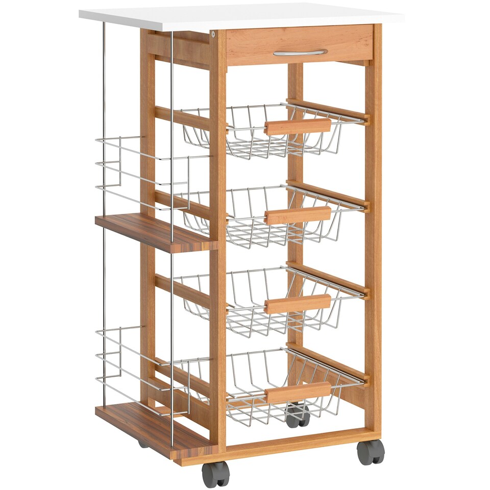 image 1 of HOMCOM Multi-Use Kitchen Trolley w/ Baskets, Drawer, Worktop, Brown