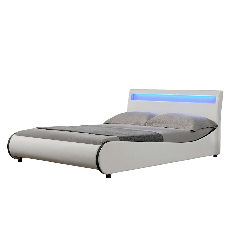 image 1 of Orion LED Lights Headboard Gaming Style White/Black Faux Leather Bed Frame (Double) | White | White | Double