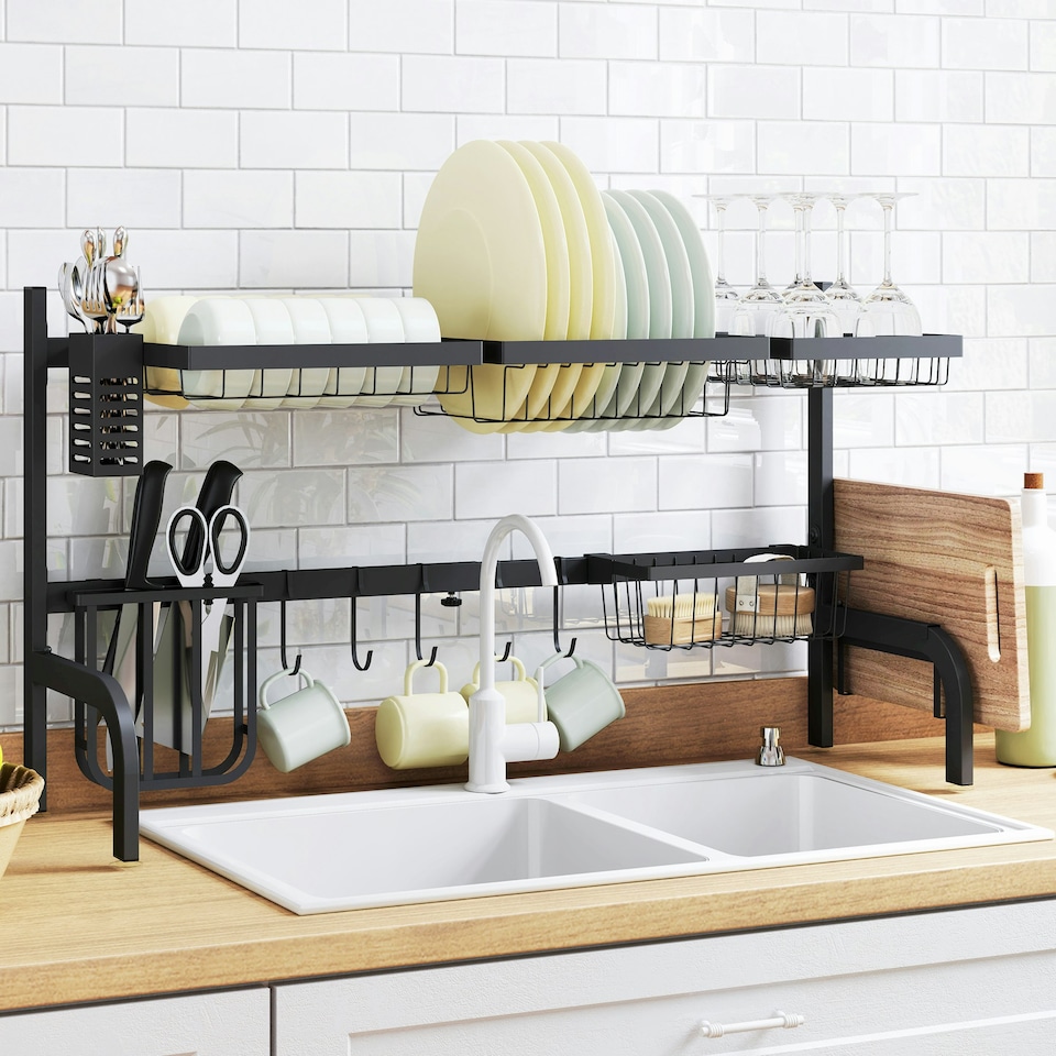 image 1 of HOMCOM Over The Sink Dish Drying Rack, 2 Tier Adjustable Dish Drainer Black
