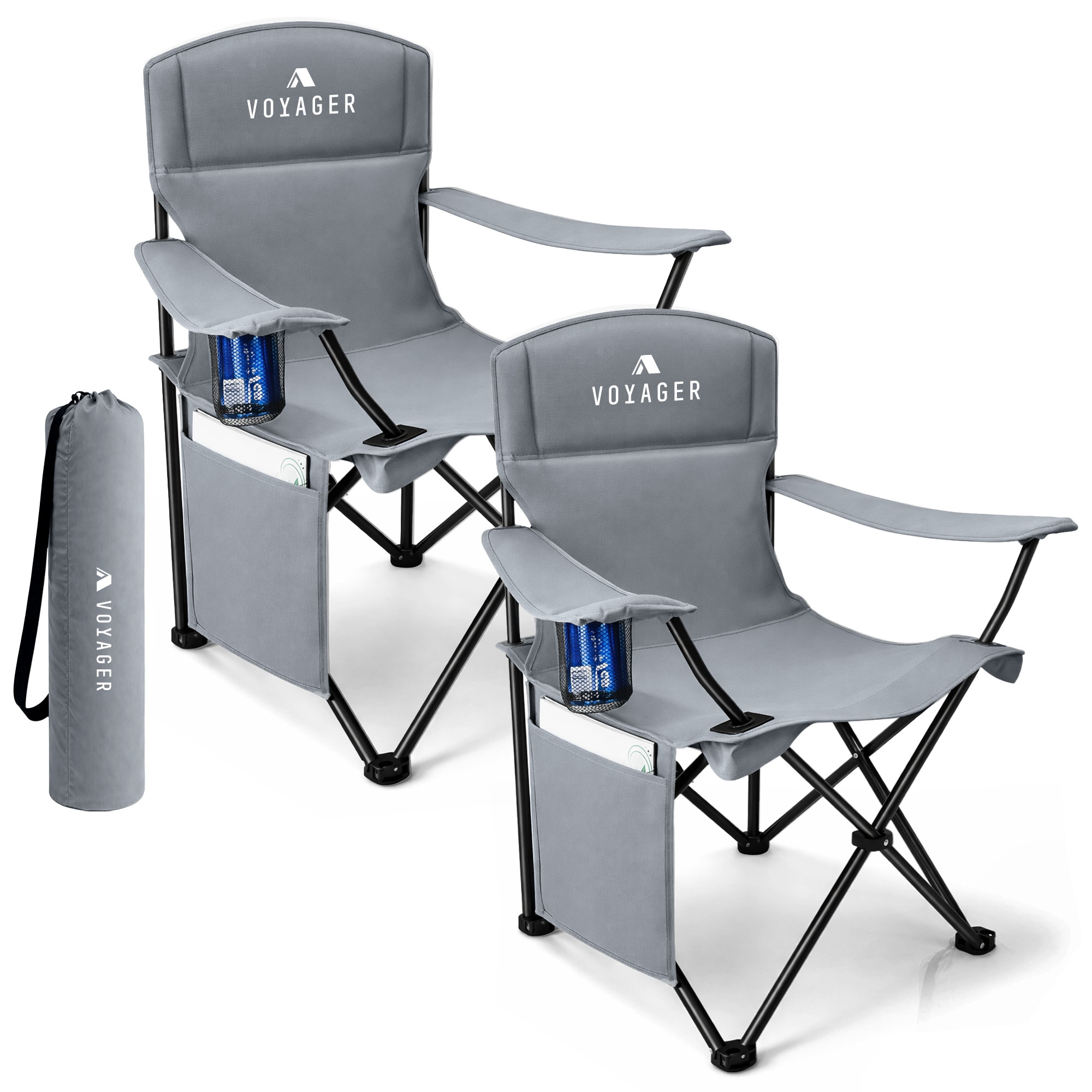 Voyager Folding Camping Chair 2-Pack, Lightweight with Pocket & Drinks Holder in Grey