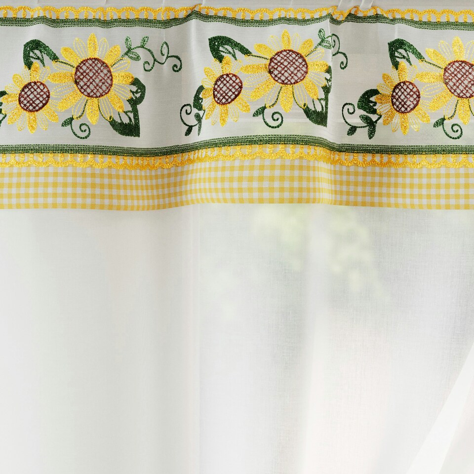 image 1 of Keswick Yellow Floral Embroidery Window Set 249 x 91 cm Rod Pocket Window Set with Attached Valance and 2 Matching Tie Backs
