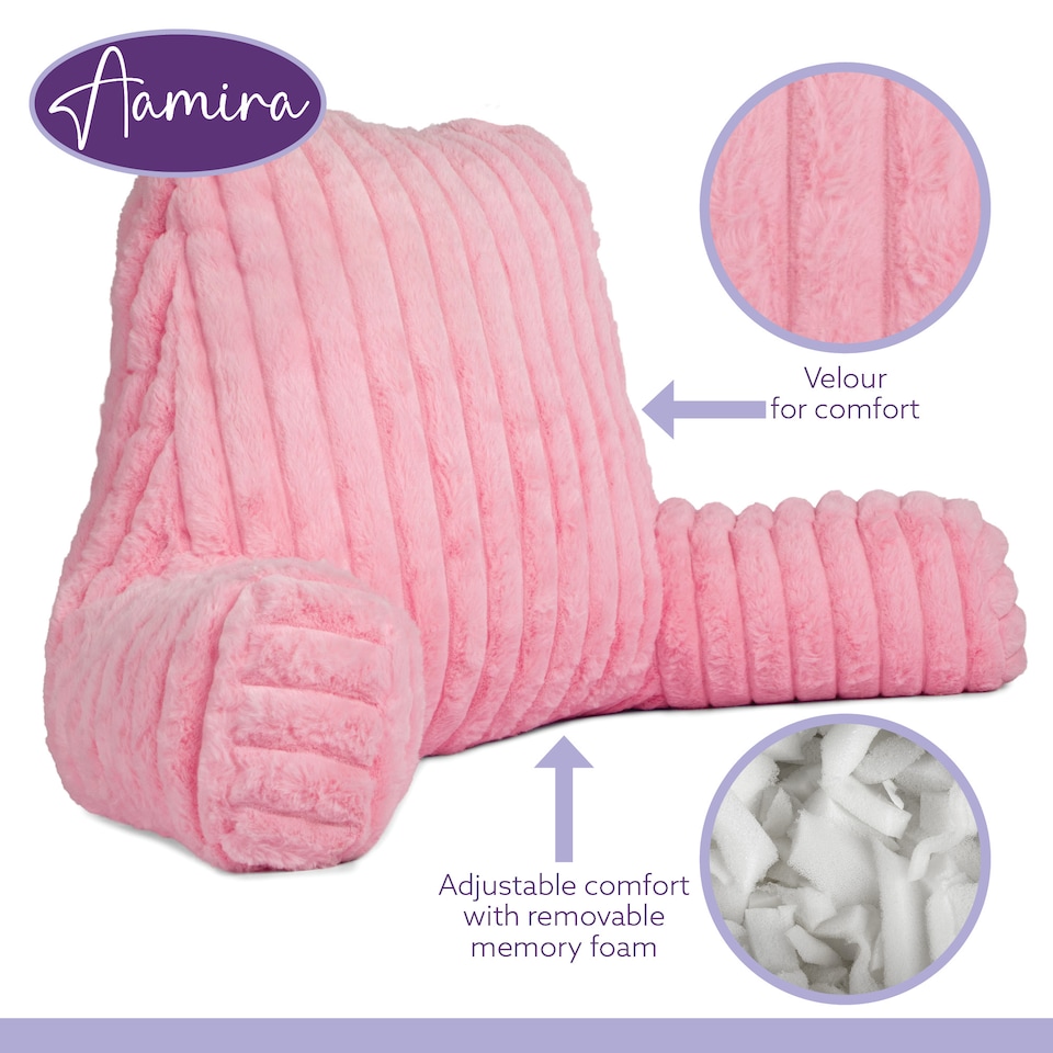 image 1 of Aamira Reading Pillow Pink Faux Fur Ribbed Memory Foam Support Cushion | Pink | Pink | Standard | 1