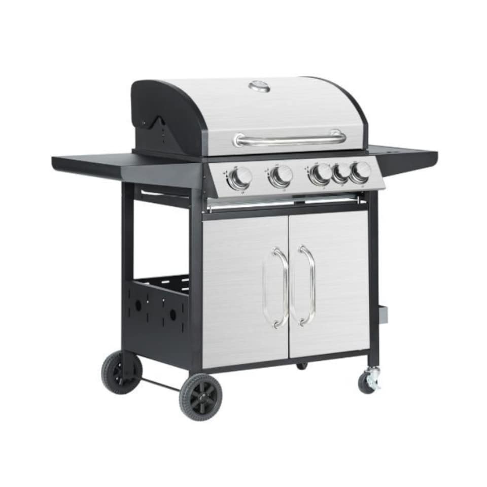 image 1 of 4 + 1 Burner Gas BBQ with Built-in Side Burner, Thermometer & Folding Shelves