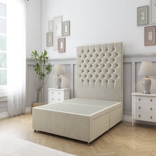 Sloomy Mayfair Cream Plush Divan Bed Base 2 Drawers Same Side With 54 Inch Floor Standing Headboard | Cream | Cream | Double | 1