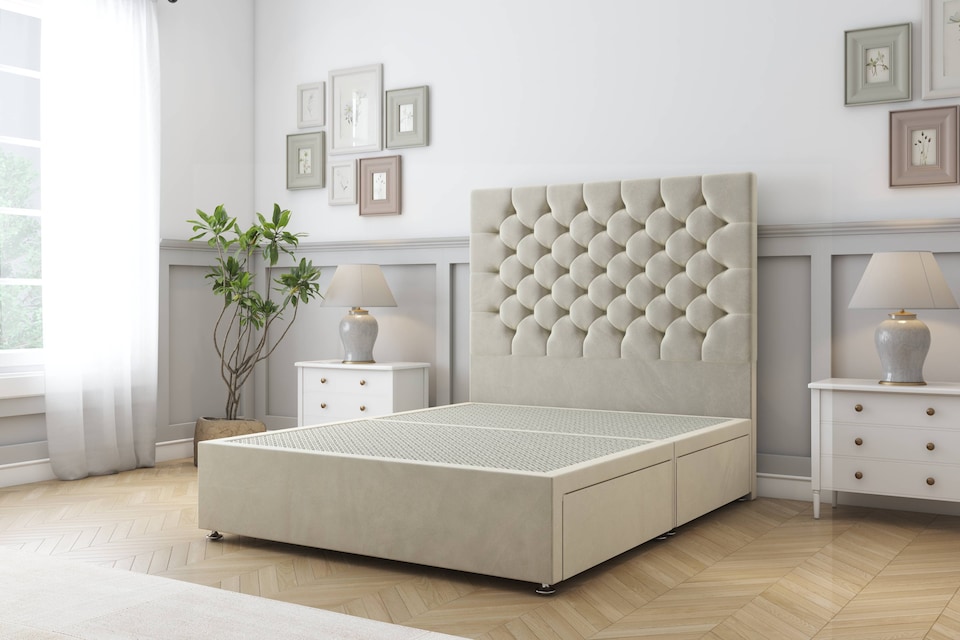image 1 of Sloomy Mayfair Cream Plush Divan Bed Base 2 Drawers Same Side With 54 Inch Floor Standing Headboard | Cream | Cream | Double | 1