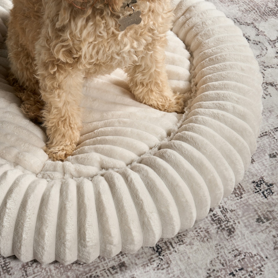 image 1 of OHS Ribbed Round Plush Plump Soft Warm Cosy Pet Dog Cat Cushioned Donut Bed Cream | M