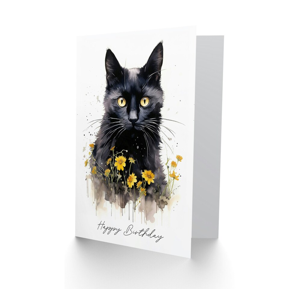 image 1 of Happy Birthday Black Cat with Yellow Daisy Flowers Birthday Card