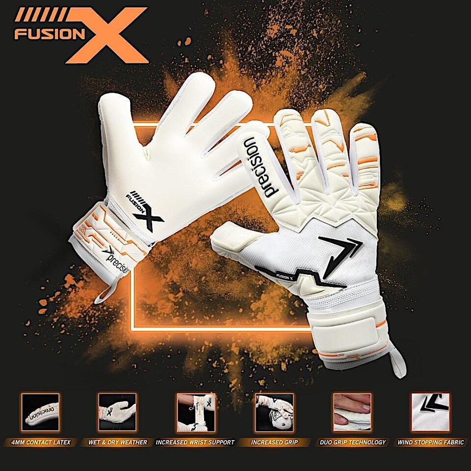image 1 of Precision Training Fusion X Pro Negative Contact Duo Grip Professional Football Junior Goalkeeper Gloves, White, 7