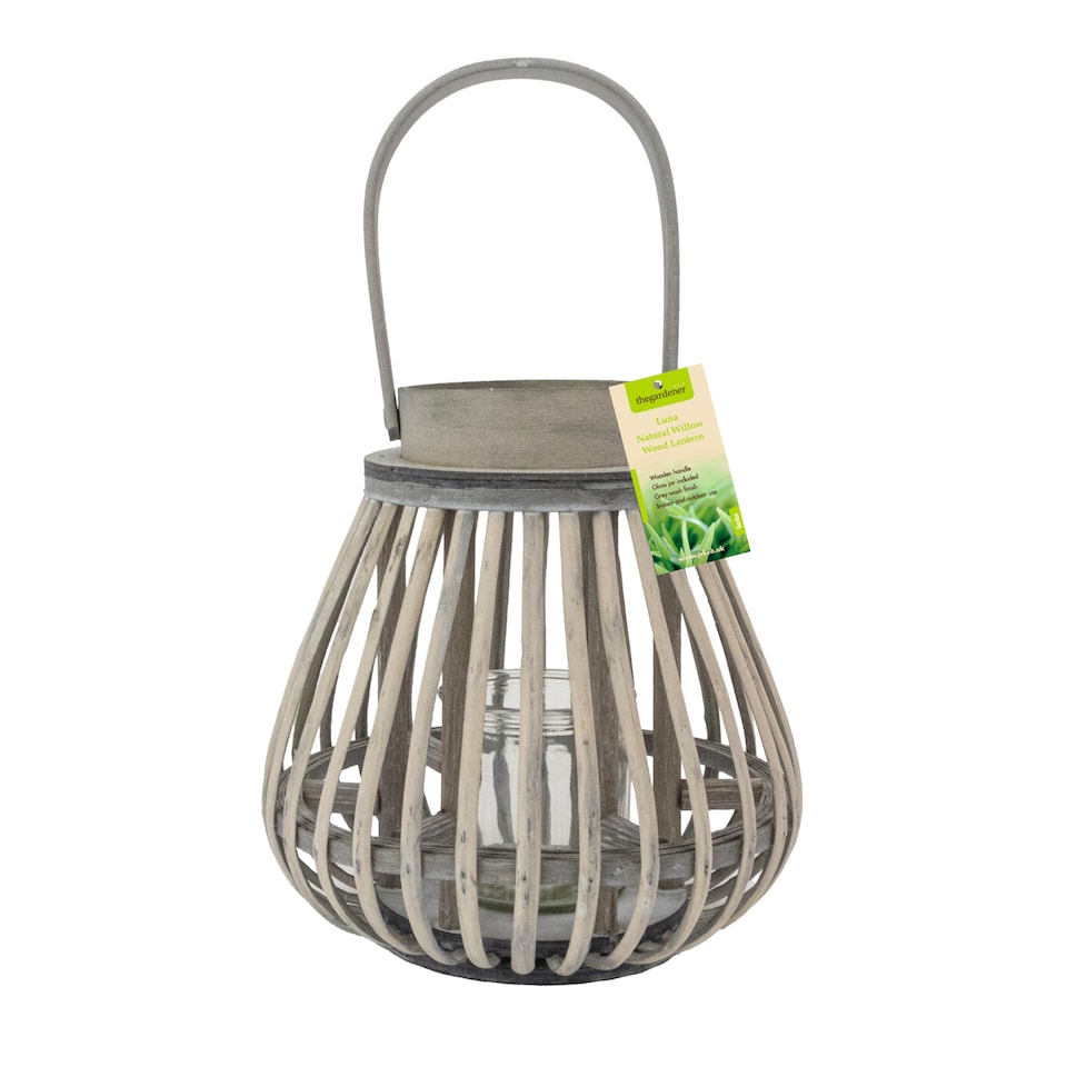 image 1 of JVL Luna Natural Bulb Shaped Willow Wood Lantern With Wooden Handle, Grey Wash