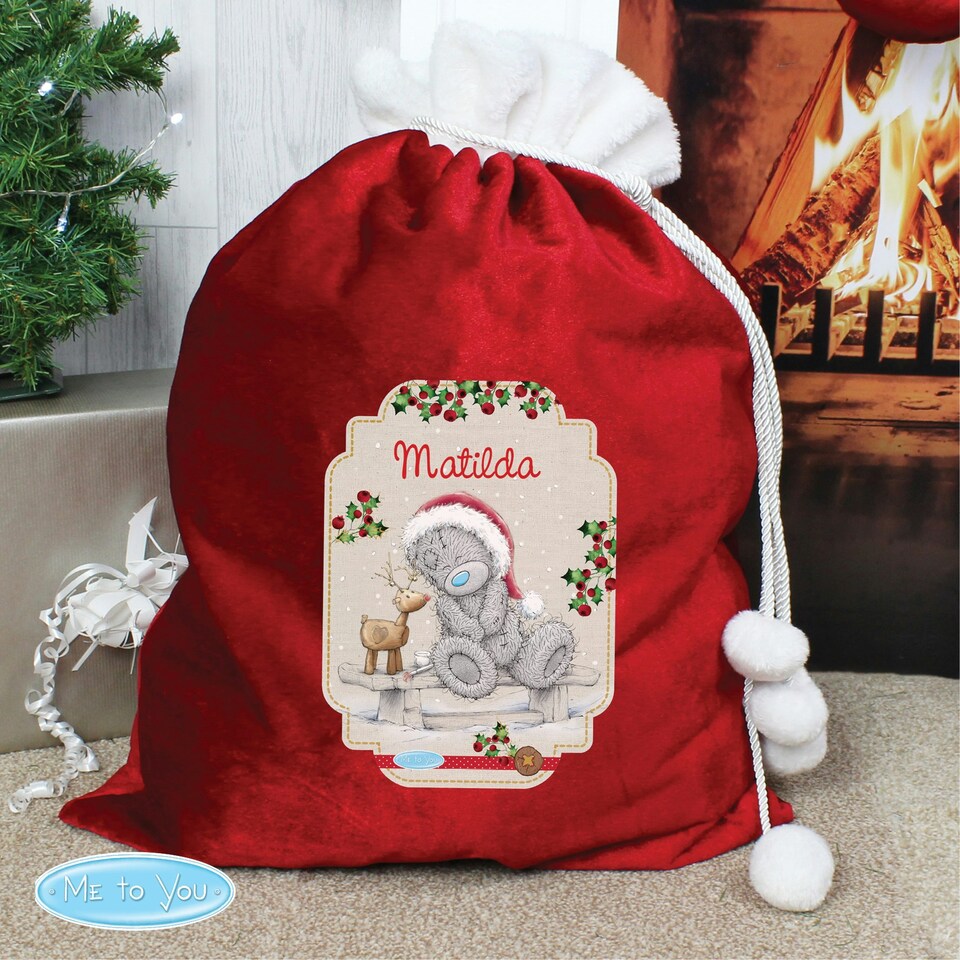 image 1 of Personalised Me to You Reindeer Luxury Pom Pom Red Sack