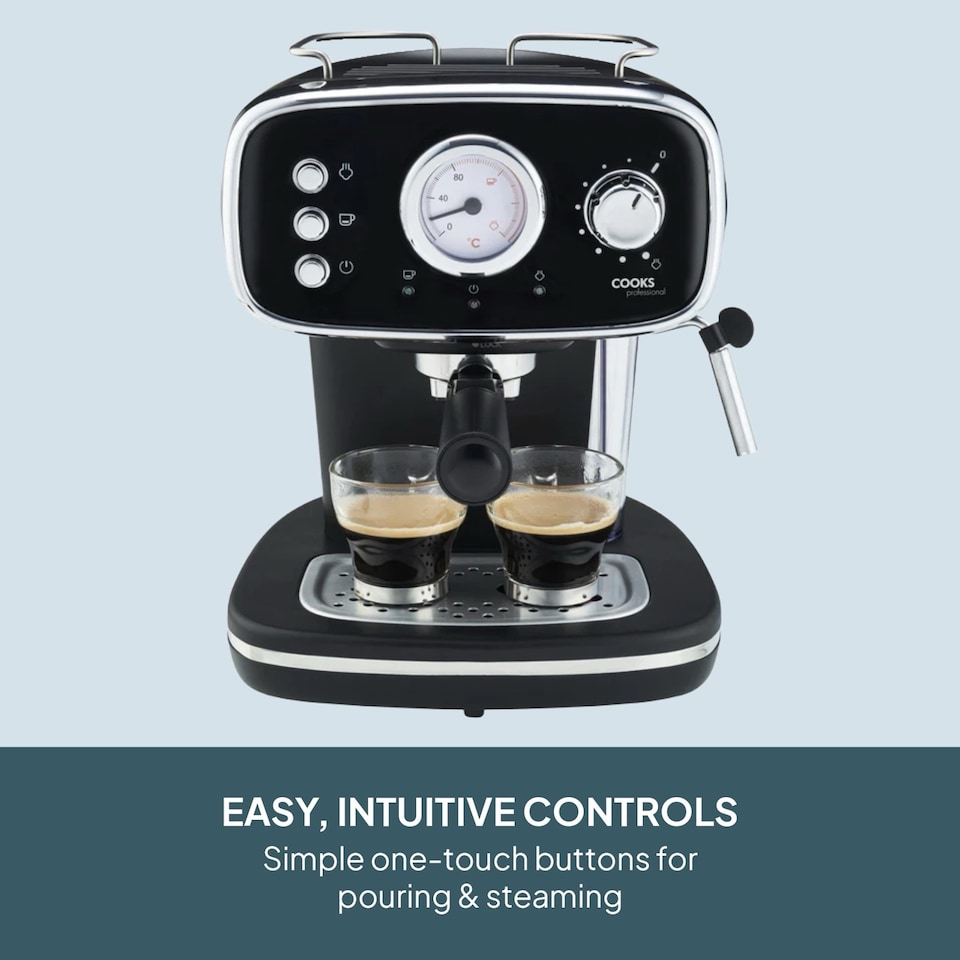 image 1 of Cooks Professional 15-Bar Retro Espresso Coffee Machine 1.2L with Frothing Steam Wand | Black | Black & Silver