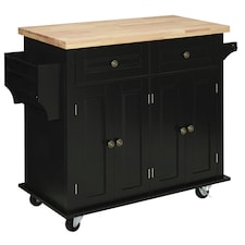 HOMCOM Rolling Kitchen Island Cart with Rubber Wood Top Black