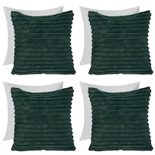 OHS 4 x Faux Fur Matte Velvet Fleece Thick Ribbed Filled Cushions, 45x45cm - Green