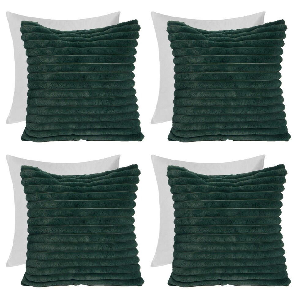 image 1 of OHS 4 x Faux Fur Matte Velvet Fleece Thick Ribbed Filled Cushions, 45x45cm - Green