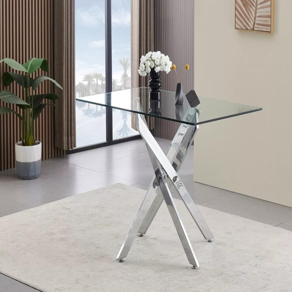 image 1 of Glass Dining Table with 4 White Leather Chairs Dining Room Furniture