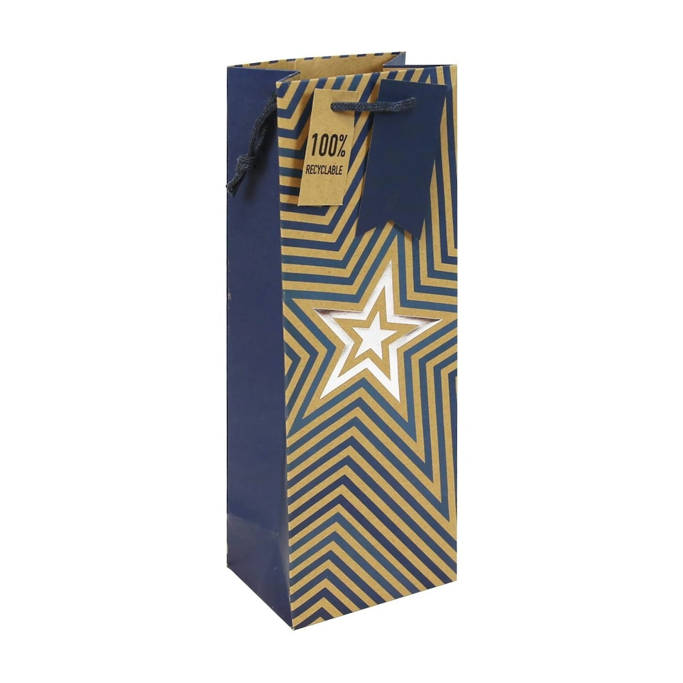 Kraft Blue Stars Bottle Gift Bag Brown