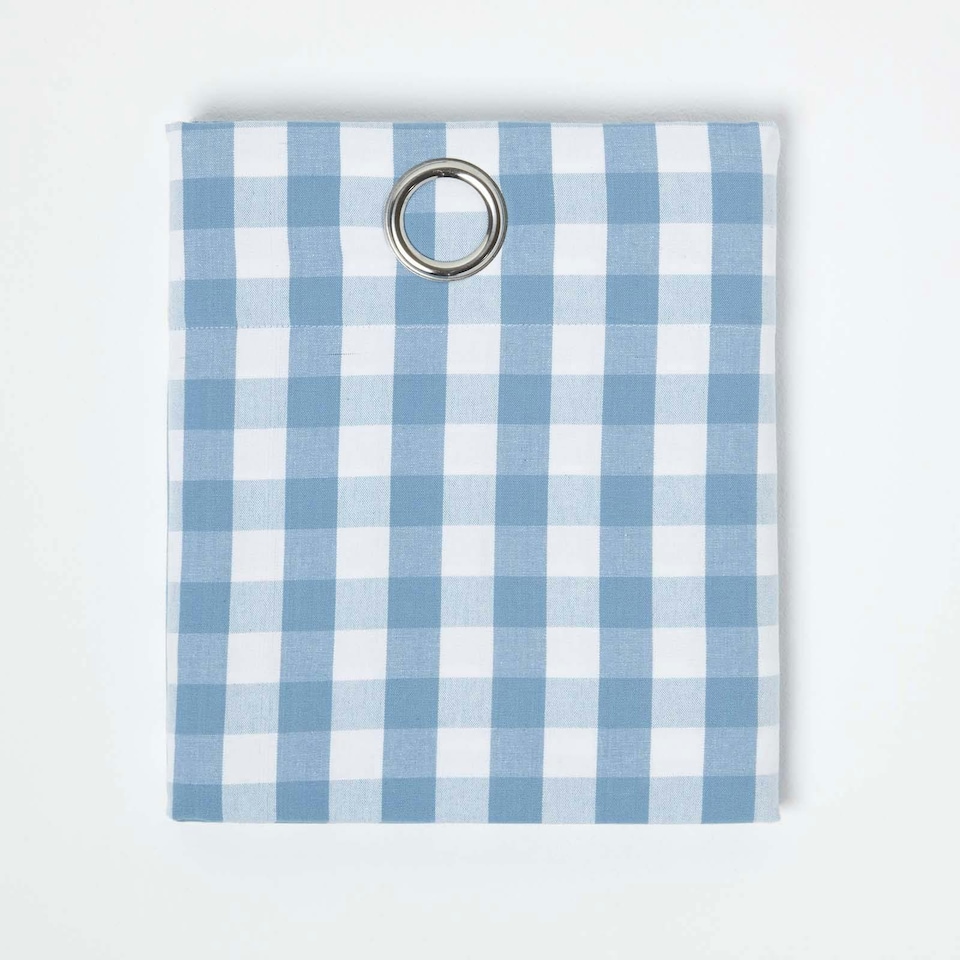 image 1 of Homescapes Cotton Block Check Gingham Eyelet Curtains - 117 x 137 cm | Blue | Blue