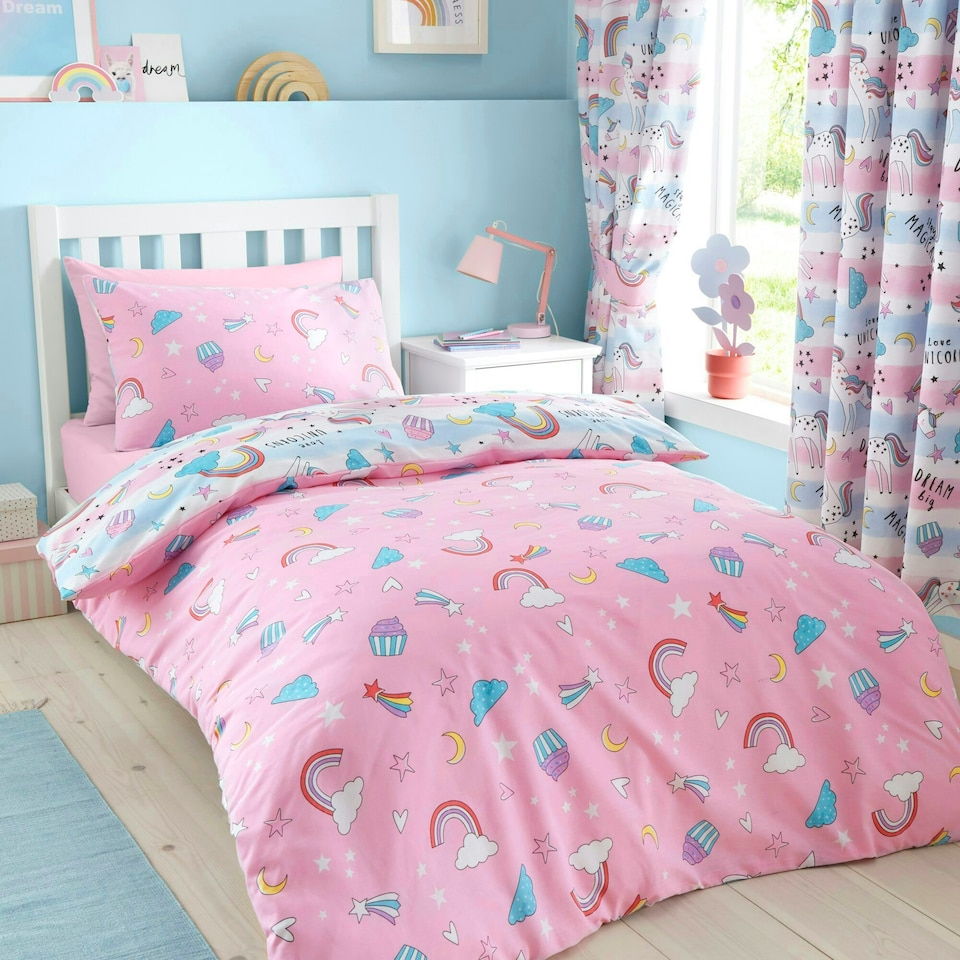 image 1 of Portfolio Home Girls Kids Dreamy Unicorns Rainbows Soft Easy Care Bed Linen Bedding Duvet Cover Quilt Set With Pillow Case Multi | Single
