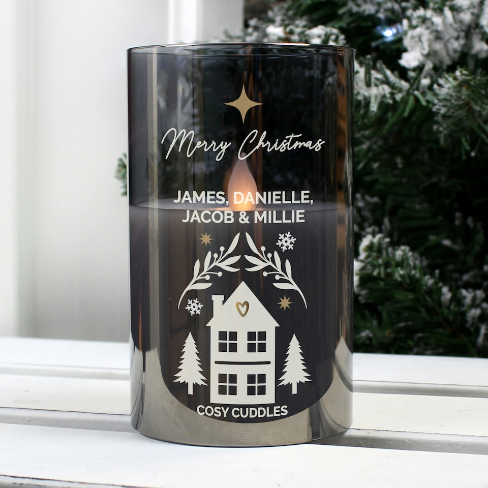 image 1 of Personalised Christmas Smoked Glass LED Candle Black | One Size