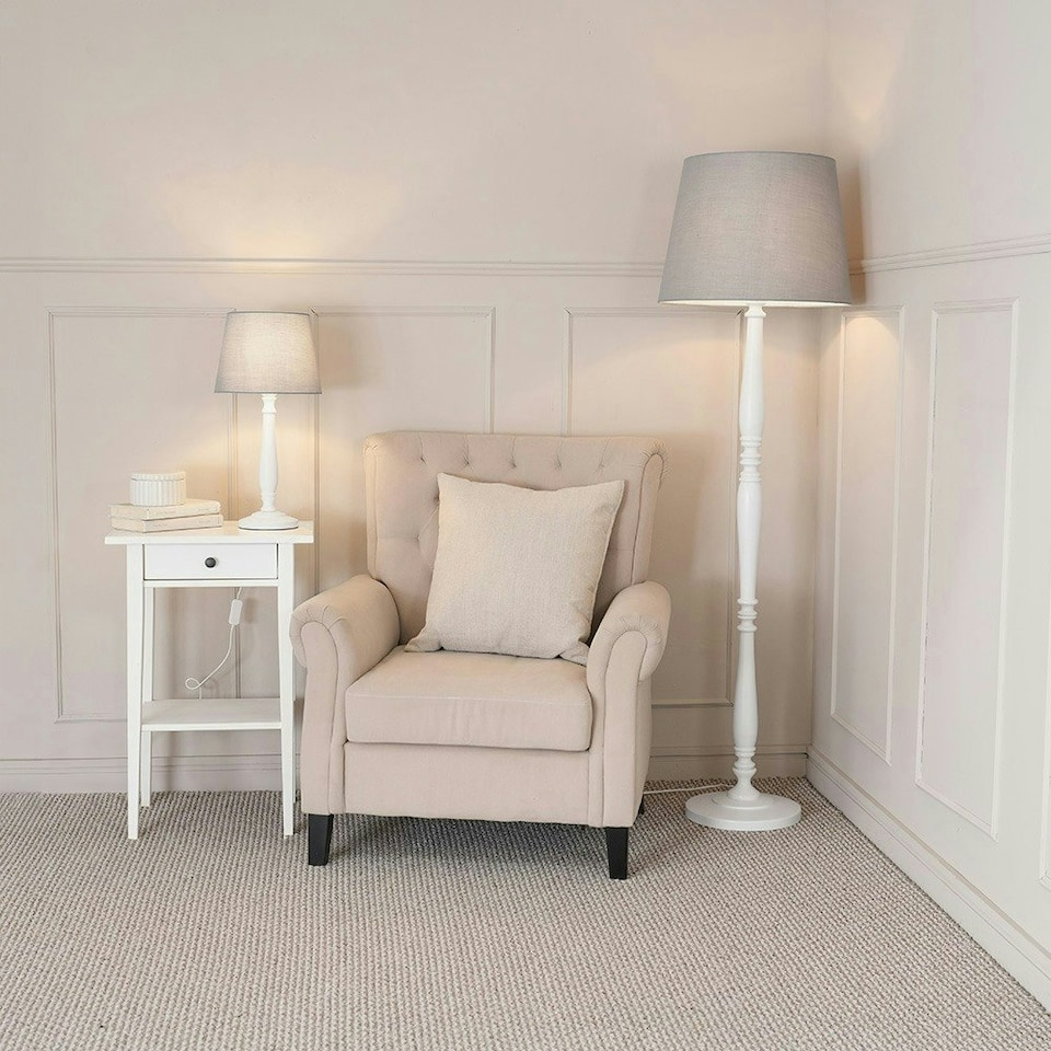image 1 of ValueLights Victoria White Wood Traditional Stem Table Lamp with Grey Fabric Tapered Shade