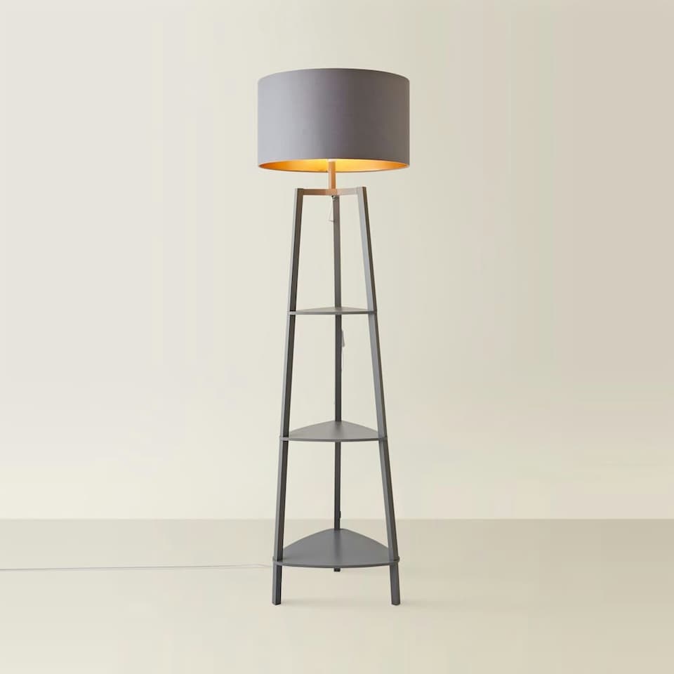 image 1 of ValueLights Hiru Grey 3 Tier Shelf Floor Lamp Grey Copper Shade | Grey