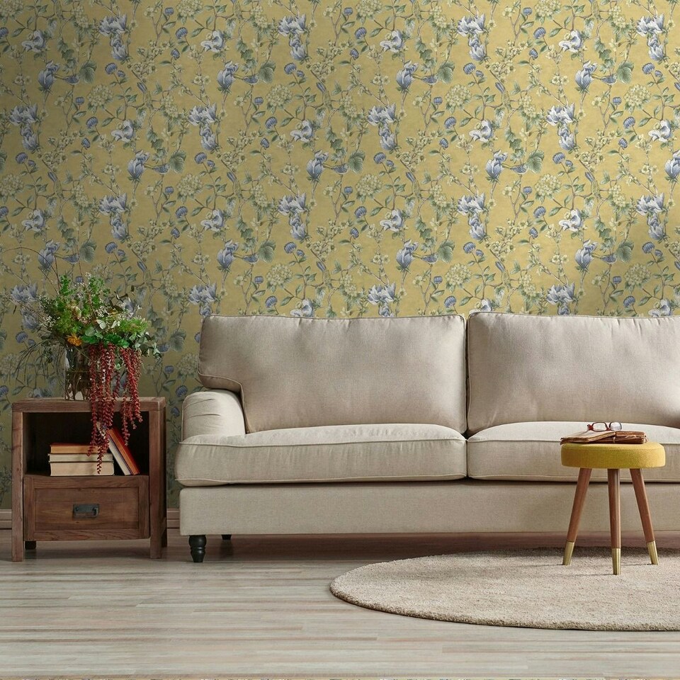 image 1 of Holden Décor Rural Paradise Floral Bird Trail Wallpaper - Ochre - 10m x 0.5m Yellow