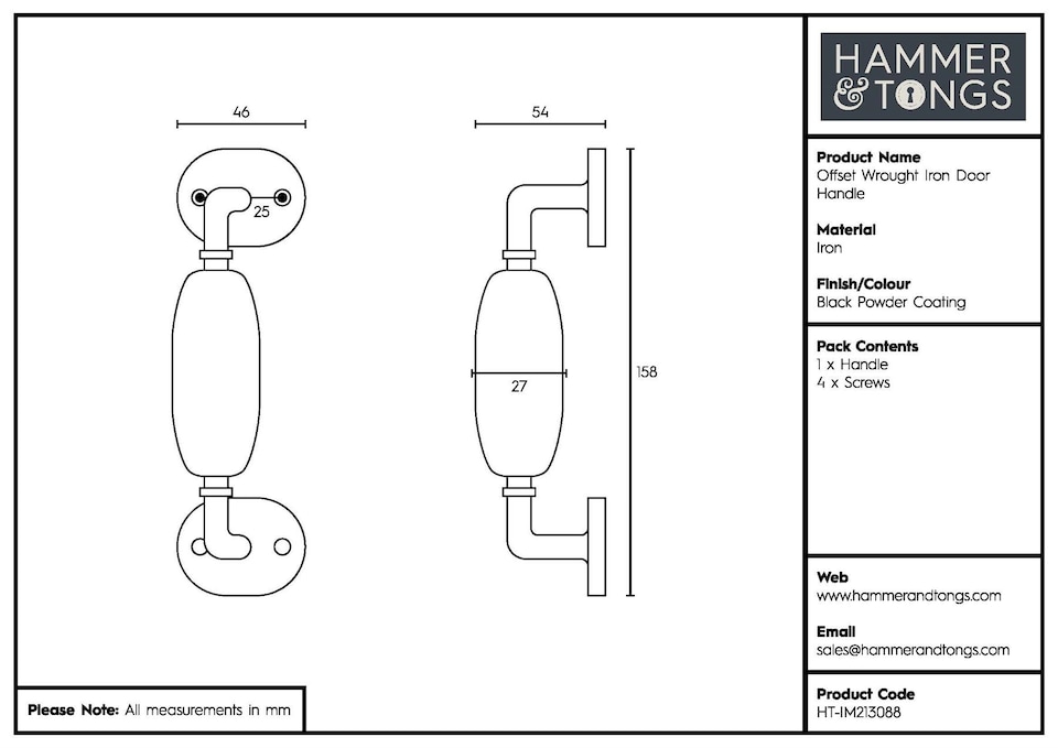 image 1 of Hammer & Tongs Offset Wrought Iron Door Handle - H160mm - Black | Black | Black