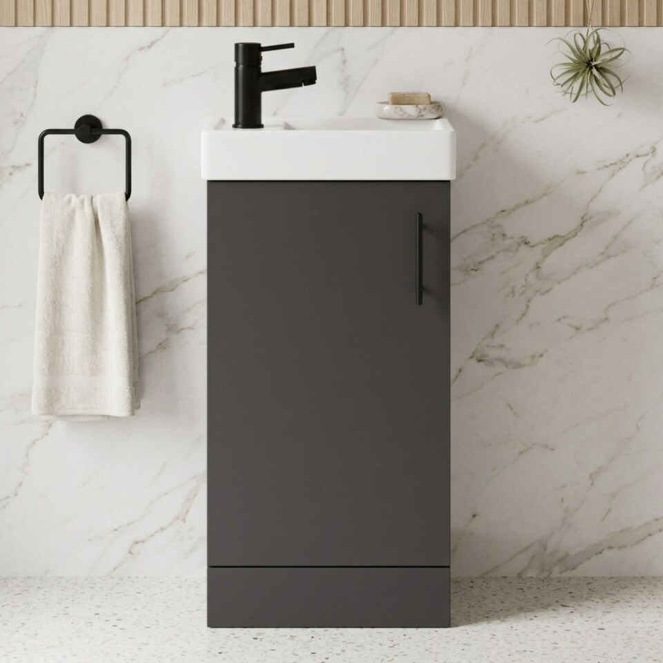 image 1 of Balterley Floor Standing Vanity Basin 400mm Gloss Grey & Matt Black Handle