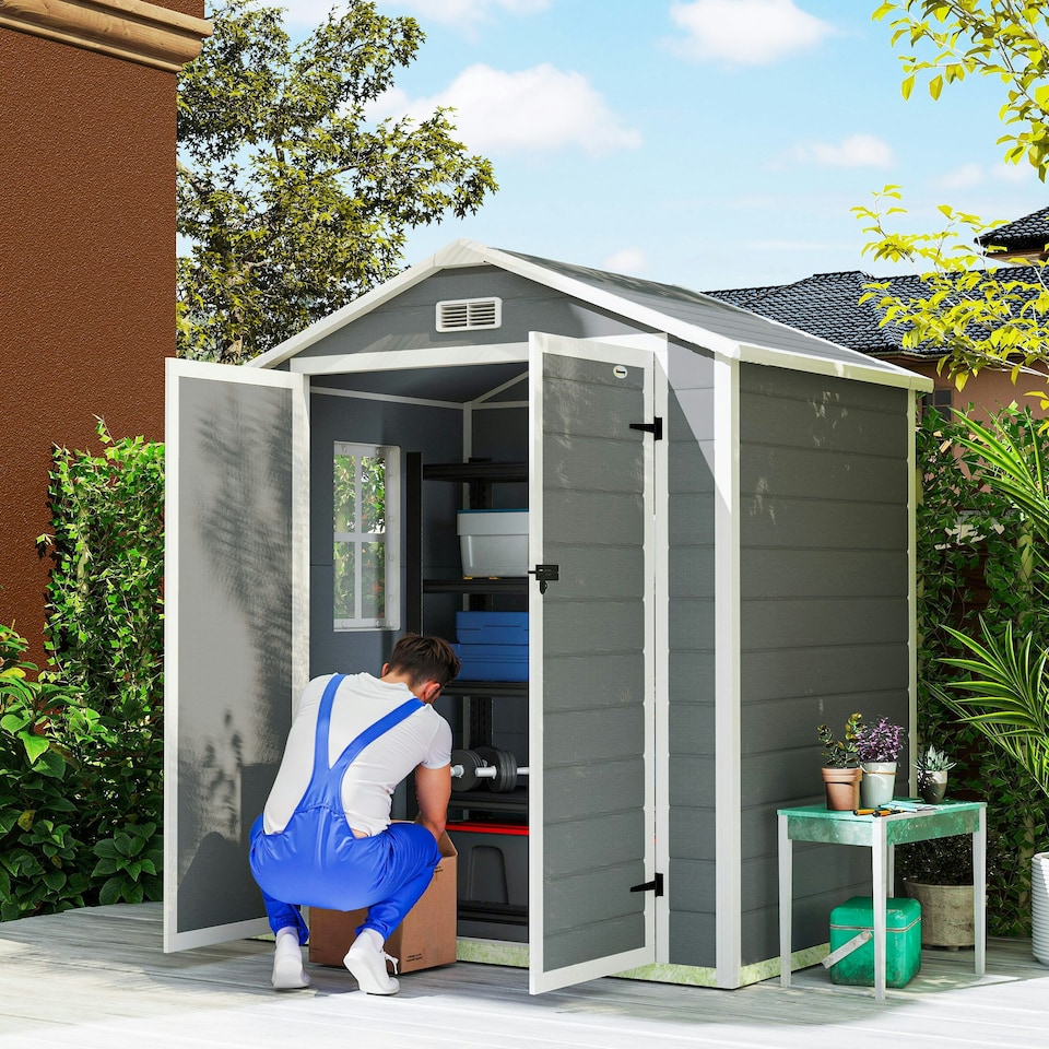 image 1 of Outsunny Garden Shed 6'x4.5' Plastic Tool Storage House w/ Lockable Double Doors