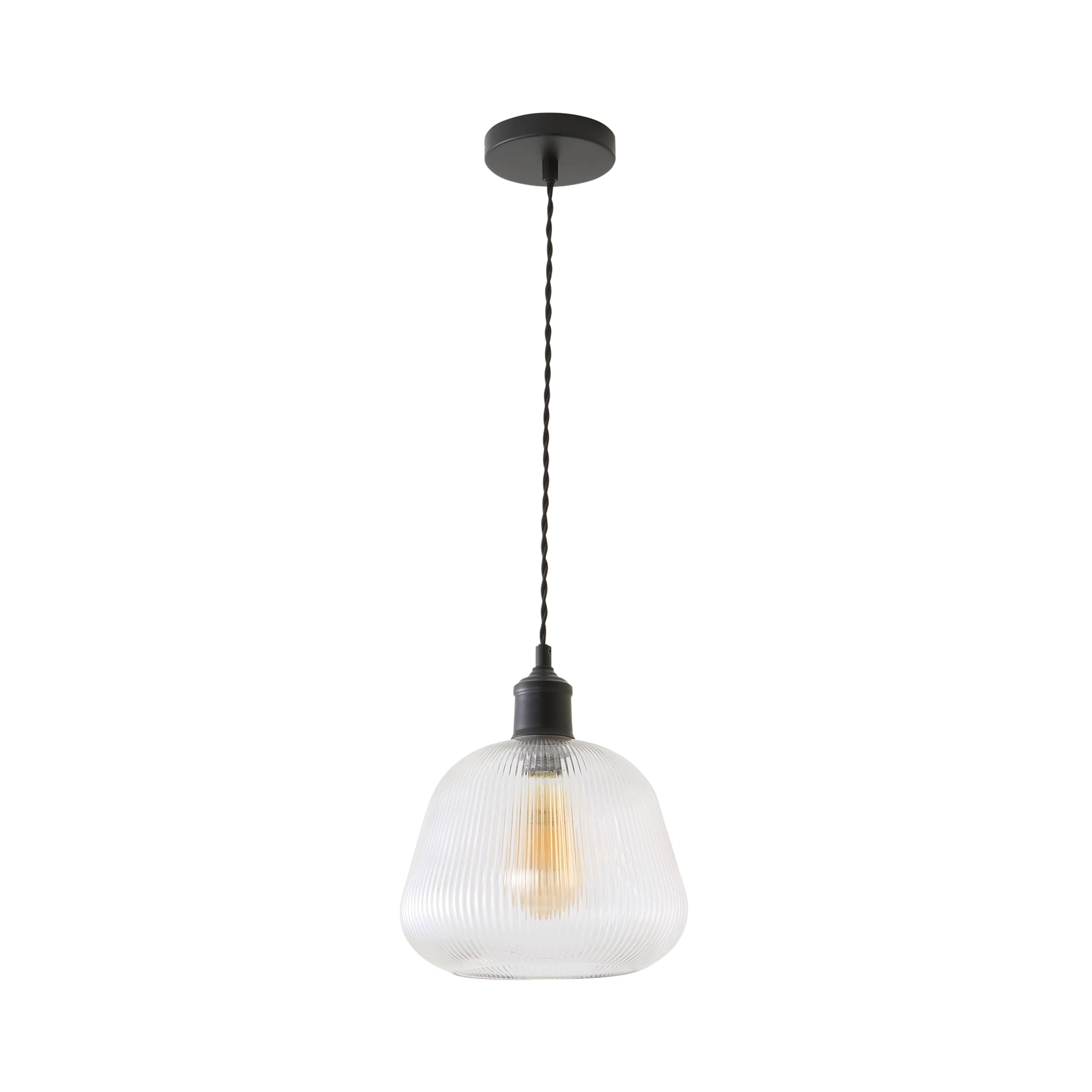 ValueLights Delora Ribbed Bell Glass Shade Single Ceiling Pendant Light & Bulb in Black