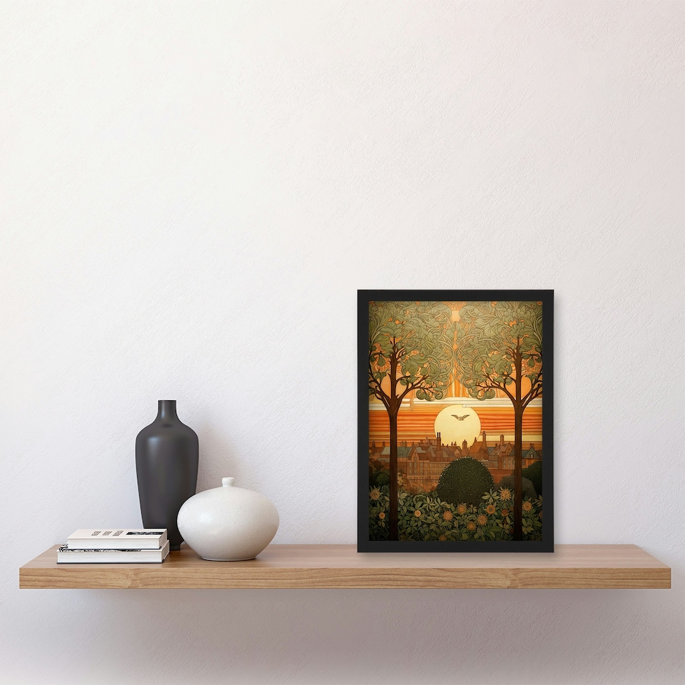 image 1 of Art Nouveau Autumn Village Sunset Home Decor Black Framed Wall Art Print A4