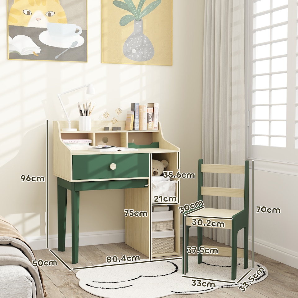 image 1 of AIYAPLAY Kids Desk and Chair Set with Storage Shelves, Drawer | Green