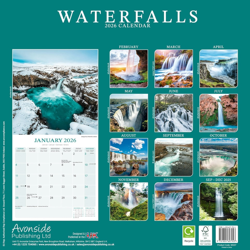 image 1 of Waterfalls 2026 Calendar | Square Wall Calendar | Travel & Nature Gift | Plastic Free Packaging | by Avonside Publishing