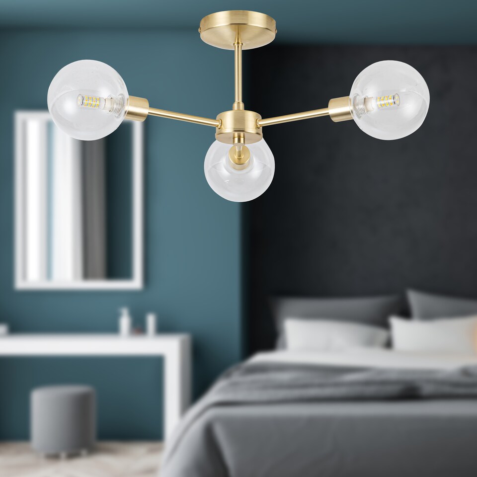 image 1 of Set of 2 Toner - Satin Brass with Globes 3 Light Flush Ceiling Lights | Gold | Satin brass plate and clear glass | Medium | 1