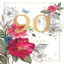 Words 'n' Wishes Female 90th Birthday Card, Gorgeous Floral Design, Gold Foil Lettering