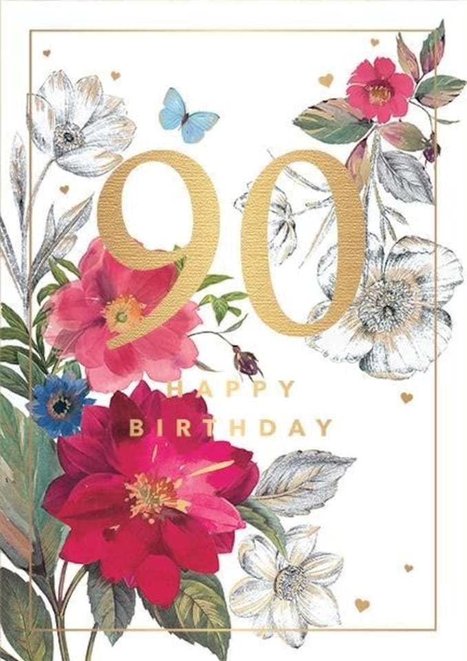 Words 'n' Wishes Female 90th Birthday Card, Gorgeous Floral Design, Gold Foil Lettering